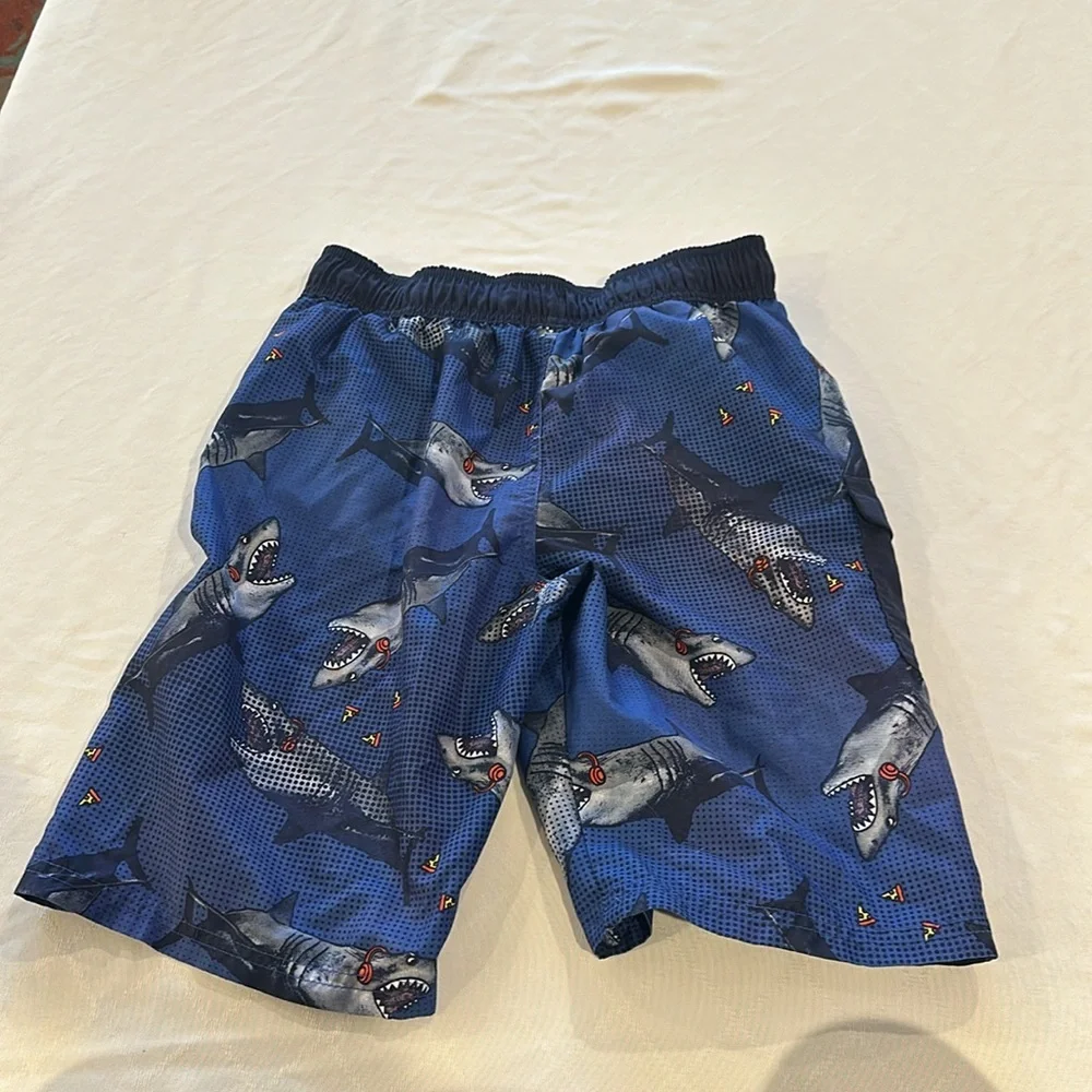 Cat &‎ Jack boys Shark Print Blue Swim trunks board Shorts large 10 / 12 EUC